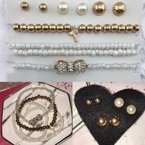 7 piece pearl and gold earring bracelet bundle set